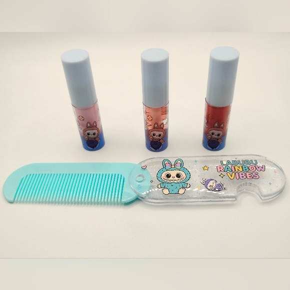 Labubu Cute Blue Comb with Lip Gloss Trio-Soft Pink, Clear Tan, & Matte Brown - Picture 3 of 3
